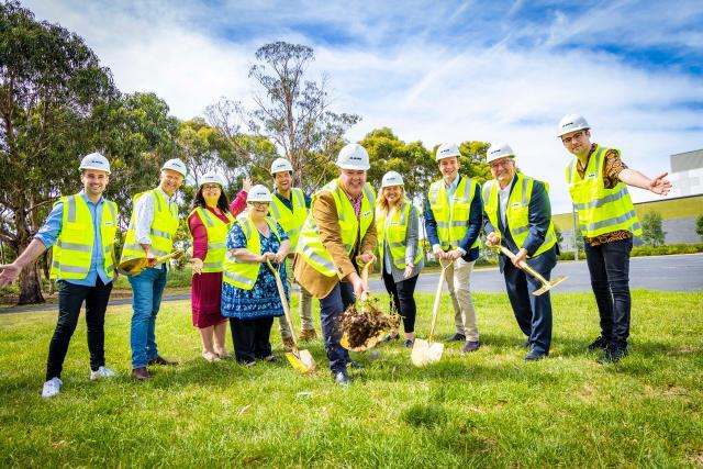Ground-breaking at a Greater Geelong infrastructure project, with hi-vis and shovels
